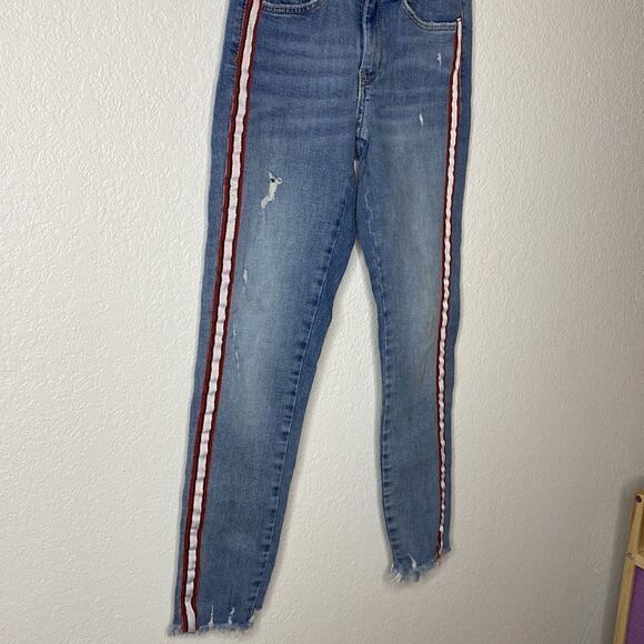 Zara Basic Denim Skinny Frayed Jeans W White & Red Stripe down Sides 2 - Picture 5 of 9